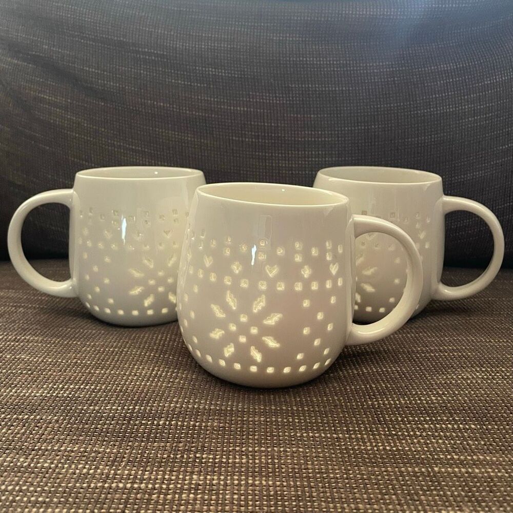 World Market set of 3 white stencil snowflake porcelain mugs